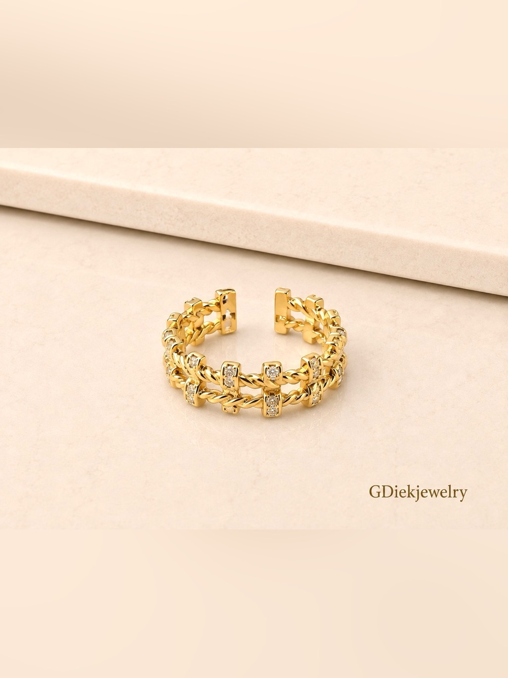 Goldfilled  Adjustable Ring  Double Chain Crystal  - Women